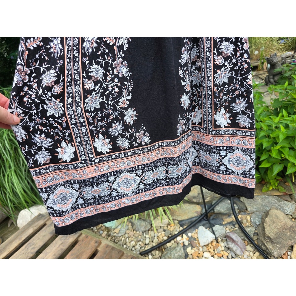 Estam Womens Boho Floral Border Print Sleeveless Tunic Top Black Lace Yoke L - Picture 2 of 9